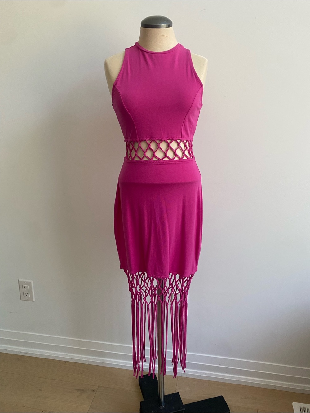 Sleeveless Fuchsia Cutout Dress with Macramé Fringe
